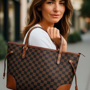 Designer Inspired Brown Checkered Tote Bag 2 Piece Set